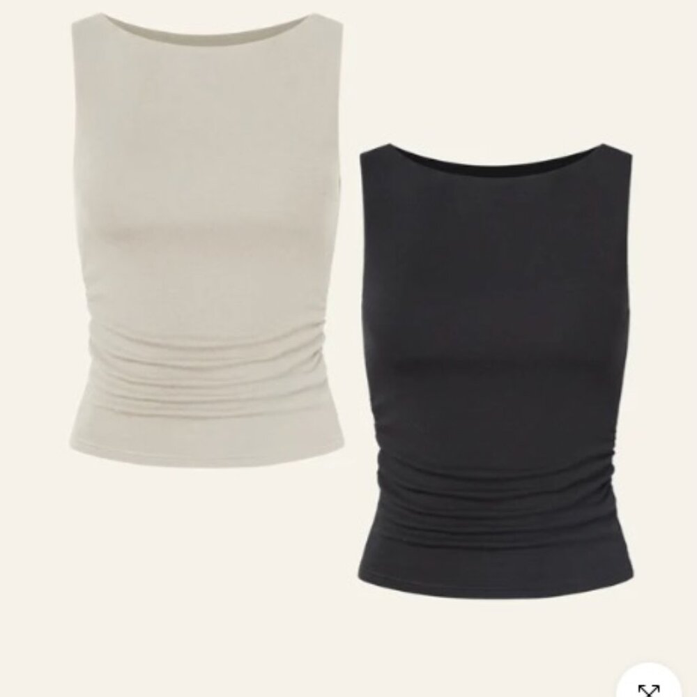 Eco-Mousse Ruched Sides Boatneck Brami Top 2Pcs Set - Morning Mist/Black